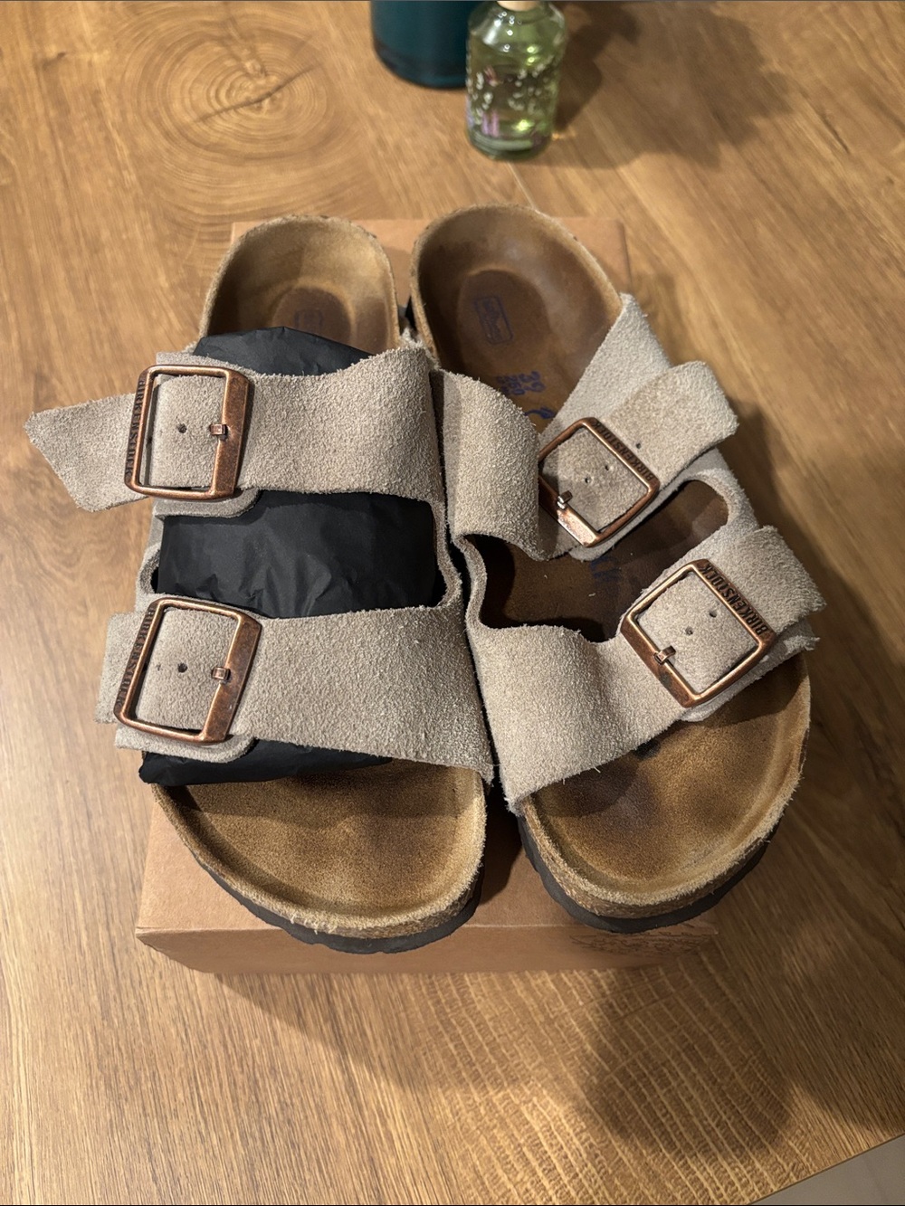 Women’s Birkenstock Double-Buckle Suede Sandals in Light Taupe size 39